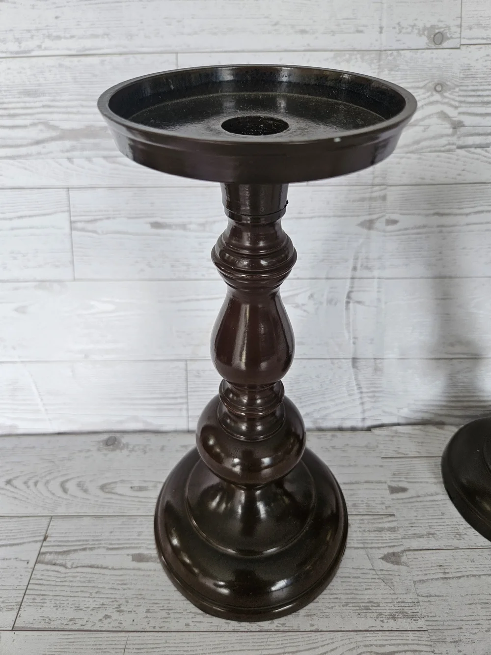 Pottery Barn Dark Brown Turned Wood Candle Pedestals, Set of 2